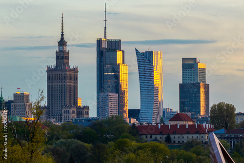 Aerial panorama of Warsaw city during sunset.