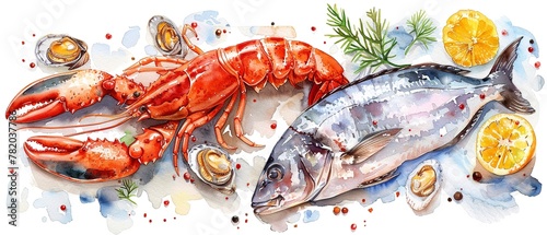 watercolor Seafood: Fish, shellfish, and other seafood images cater to specific culinary uses and restaurant marketing.