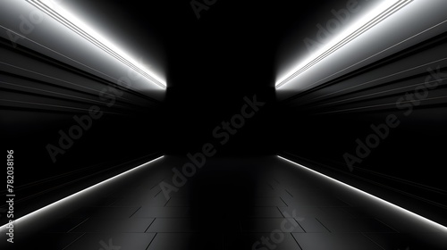 Futuristic Dark Concrete Tunnel Corridor with Glowing White LED Lights in Expansive Warehouse-like Interior