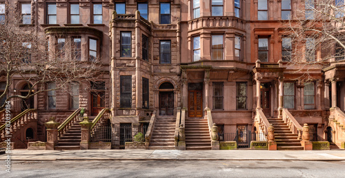 Panoramic view of Brownstones in Harlem. Rows of Townhouses. (Mount Morris Park Historic District). Manhattan, New York City