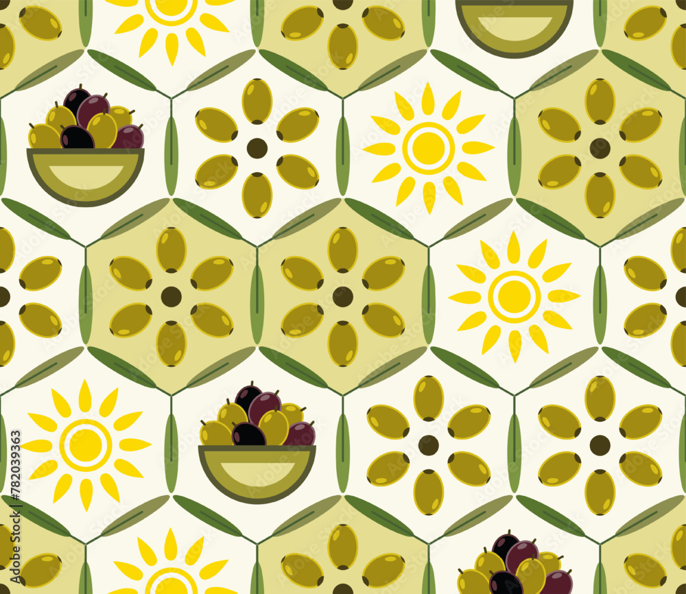 Fototapeta premium Seamless geometric pattern with green unripe olives in hexagonal grid. Retro simple flat style. Good for branding, decoration of food package, decorative print