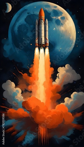 Majestic Rocket Launch Art Depicting Space Exploration with a Lunar Background