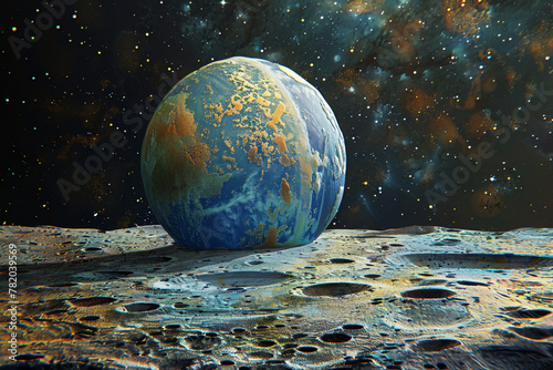 Generate an AI-rendered abstract perspective from the moon's surface, capturing Earth as a colorful orb suspended in the vastness of space photo