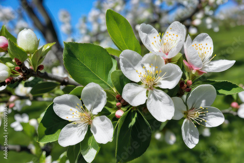 White flowers of an apple tree on a tree in spring against a blue sky. Close-up, selective focus