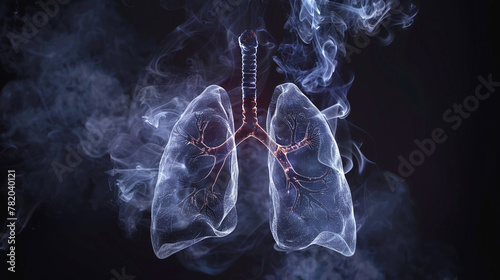 An image of human lungs on a dark background with smoke surrounding them. AI.