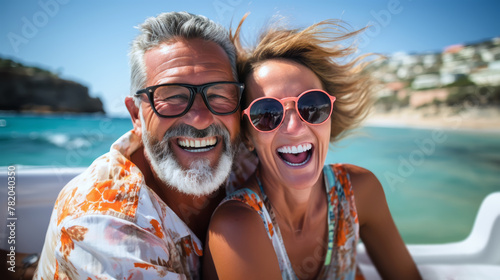 A cheerful older man and woman laughing together on a sunny boat trip. Joyful Senior Couple Enjoying a Yacht Ride by the Sea