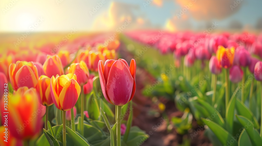 Fototapeta premium Rows of colorful tulips stretching into the distance.
