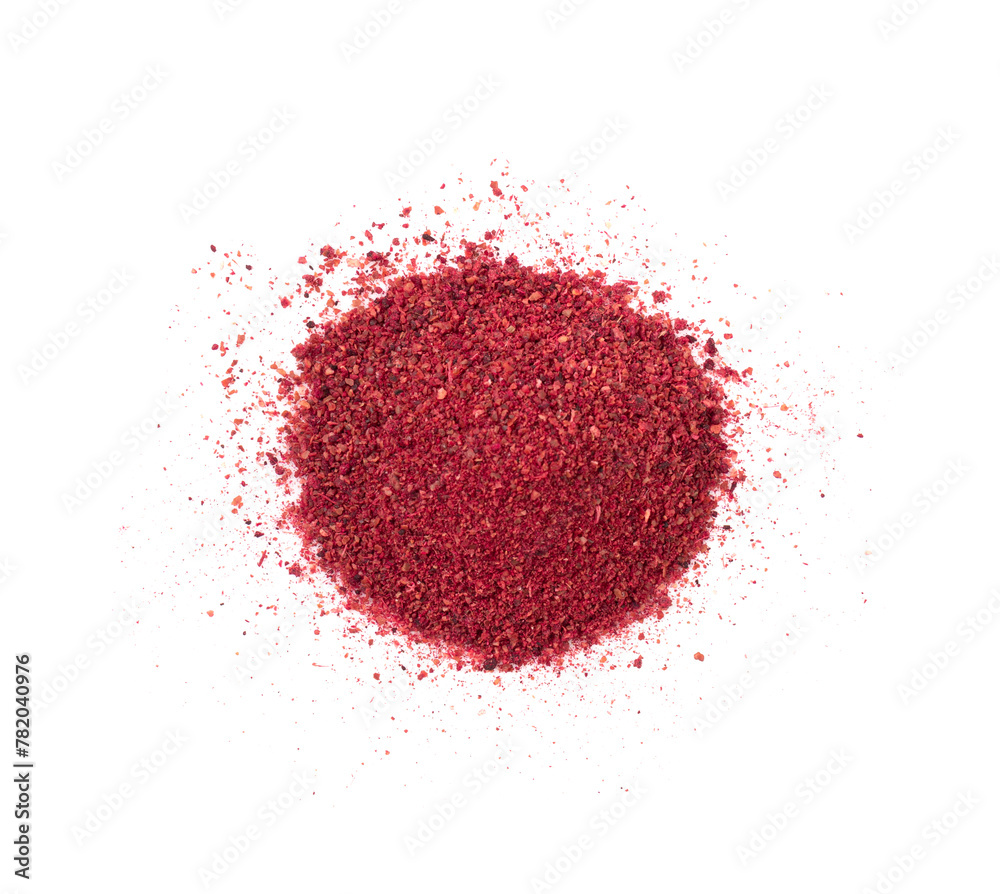 Sumac Powder Isolated, Red Sumach Ground Seasoning, Dry Sumak, Crushed Typhina Seeds