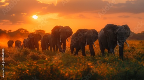 A herd of elephants walking in a line at sunset, AI