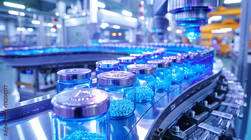 Automated tablet packaging process in a pharmaceutical factory with a futuristic robotic arm and vibrant blue lighting