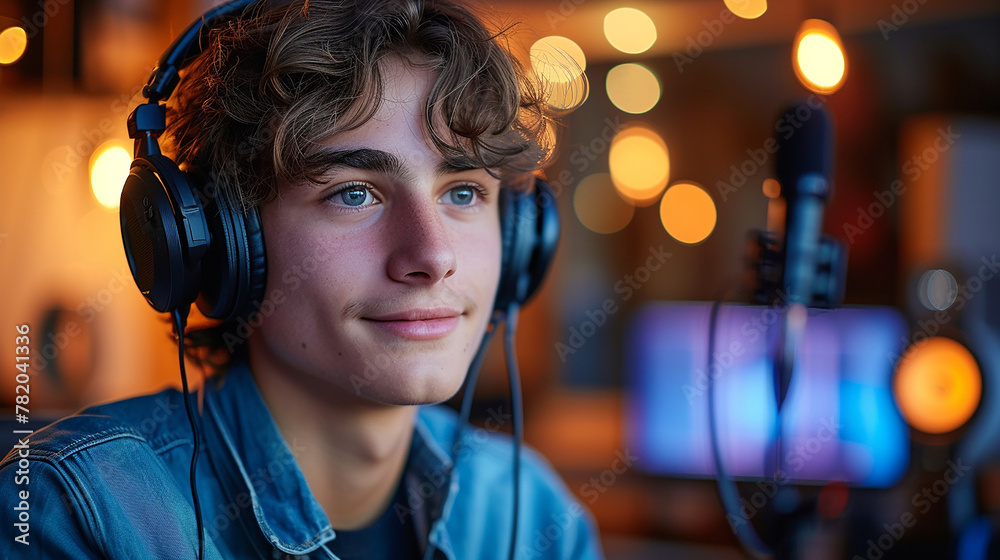 Young man working as a dj or a influencer doing a podcast of music or radio Young man working as a dj or a influencer doing a podcast of music or radio