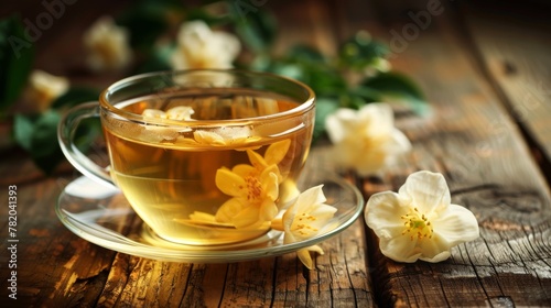 Cup of green tea with jasmine on wooden table