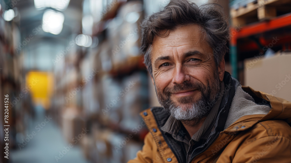 Mature man smiling at the camera while packing cardboard boxes in a distribution warehouse. Happy logistics worker preparing goods for shipment in a large fulfillment centre.