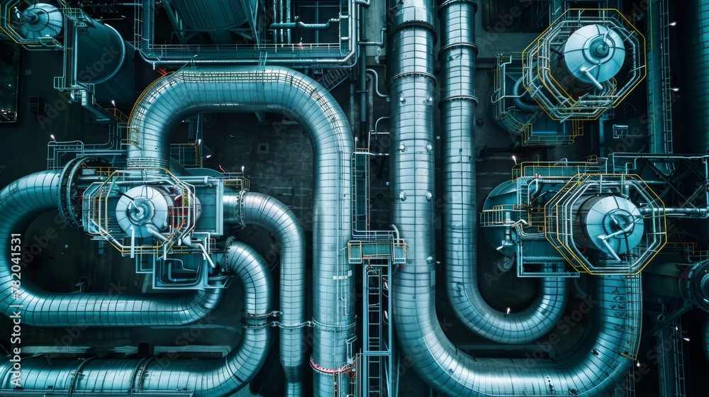Liquid or fuel pipeline in factory, Top view background concept Liquid or fuel pipeline in factory, Top view background concept