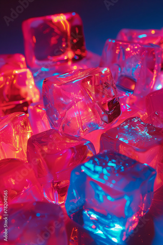 A close-up photo of a pile of translucent ice cubes illuminated with pink and blue light.