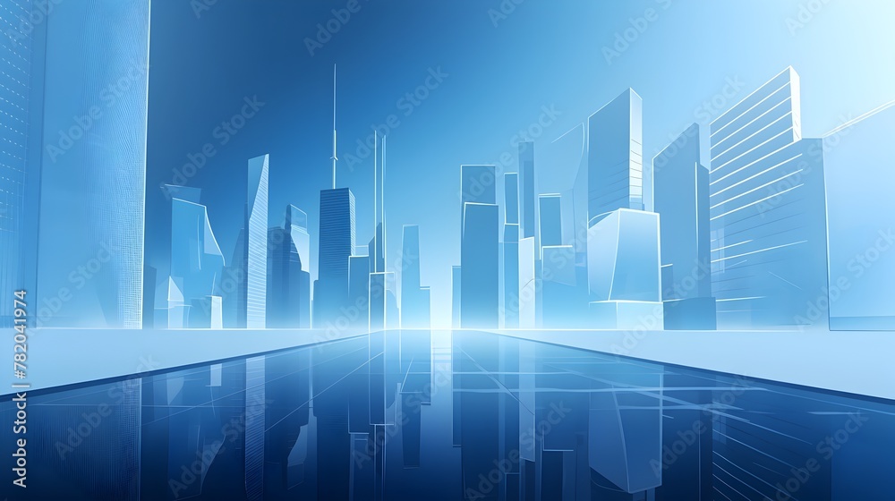 Futuristic Financial District with Striking Architectural Perspective and Reflections in a Sleek,Corporate Blue Backdrop