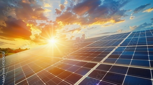 Solar farm and sun light. Solar power for green energy.
