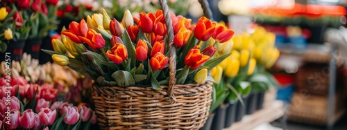 Colourful fresh tulips in woven basket on sale in flower market. Assortment of fresh spring flowers in in store of shop. Showcase. Floral shop and delivery concept