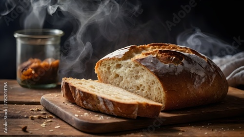 A slice of freshly baked artisanal bread, with steam rising from the soft interior and crusty exterior.