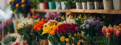 Colourful different fresh flowers on sale in flower market. Assortment of fresh spring flowers in in store of shop. Showcase. Floral shop and delivery concept © JovialFox