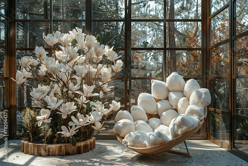 Illustrate a visually captivating chair constructed with magnolia flowers, placed within an architecturally innovative cabin featuring sleek lines and a harmonious blend of natural and industrial photo