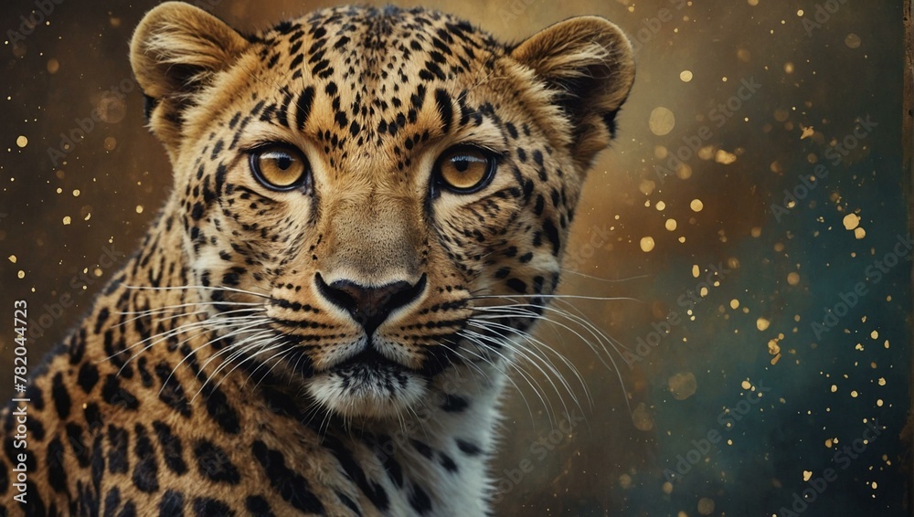 Obraz premium Vibrant close-up of a leopard's face accentuated with golden light particles creating a mystical appearance