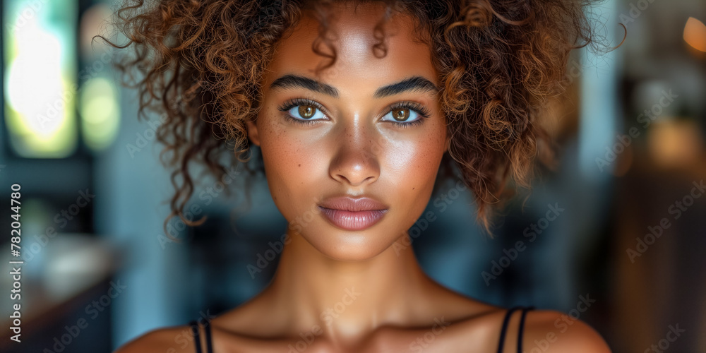 Portrait of a young beautiful woman with curly hair