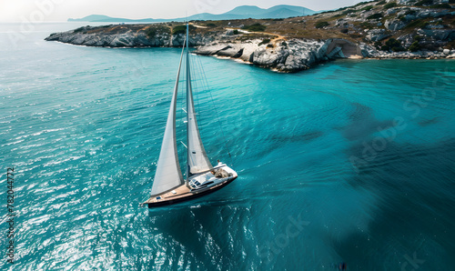 A sleek yacht sailing on crystal-clear waters, Generative AI