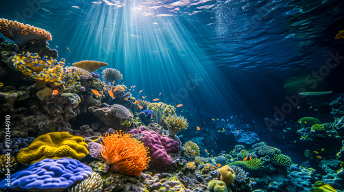 Sun rays illuminating diverse coral reef and tropical fish © thodonal