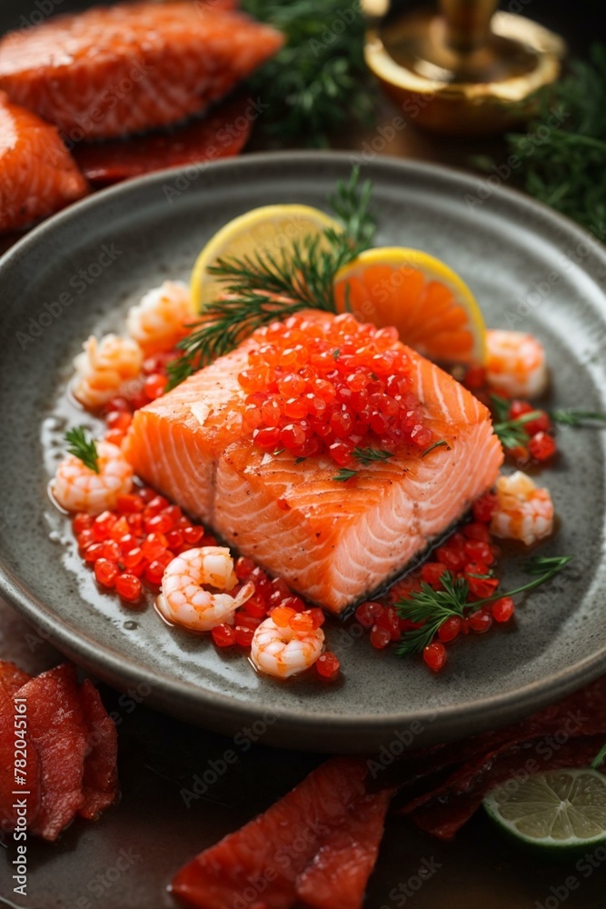 A gourmet dish features succulent salmon, prawns, and caviar meticulously arranged with fresh herbs and citrus A gourmet dish features succulent salmon, prawns, and caviar meticulously arranged with fresh herbs and citrus