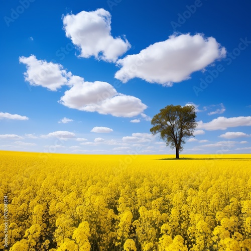 illustration of rapeseed field and a blue sky Award winning Nationa, Generative ai