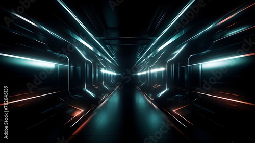 Illuminated Futuristic Tunnel with Neon Geometric Lighting in Sleek,Minimalist Interior Design
