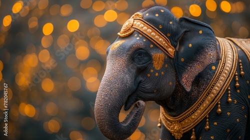 Indian elephant is decorated with gold and painted for the holiday