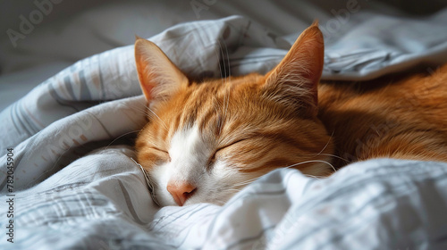 Close-up of a sleeping cat on bed. Generative AI.