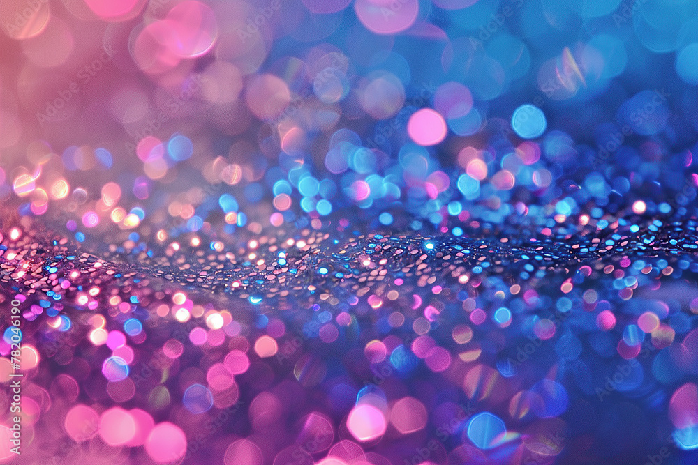 close up horizontal image of shiny pink and blue glitters abstract background