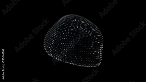 A black and white sphere with white dots moves chaotically on a black background. Plastic soft round shape made of particles swings in the air. Similar video 4k, 60 fps.