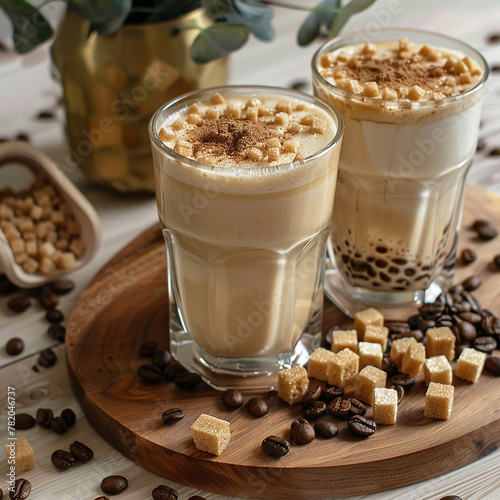 Delicious coffee with Milk  Coffee beans and sugar
