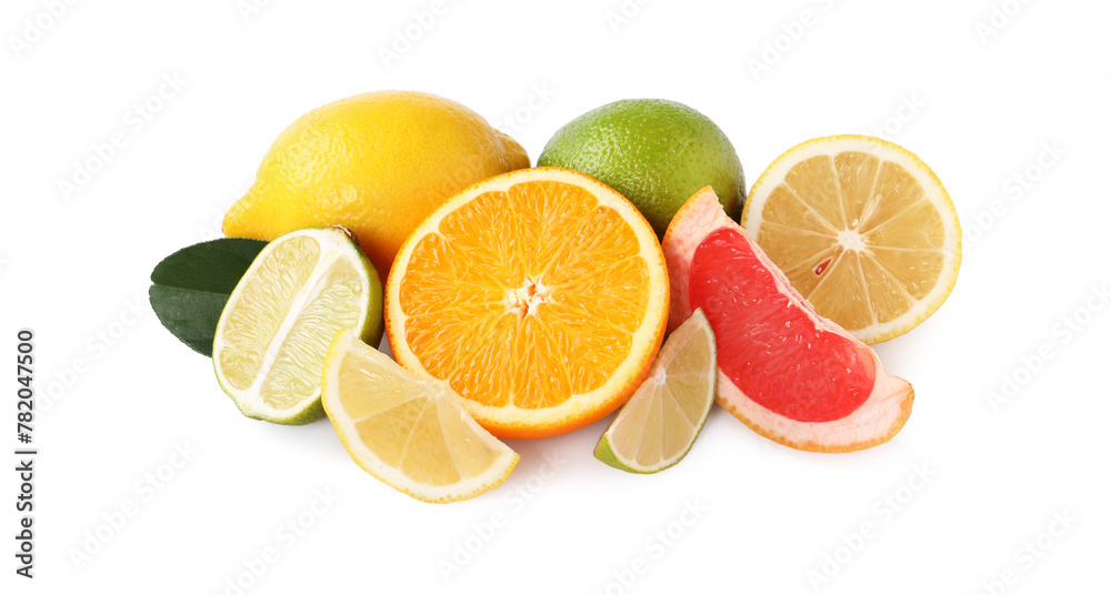 Fresh ripe citrus fruits and green leaf isolated on white Fresh ripe citrus fruits and green leaf isolated on white