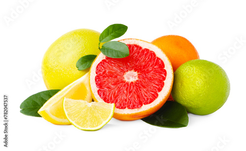 Fresh ripe citrus fruits and green leaves isolated on white