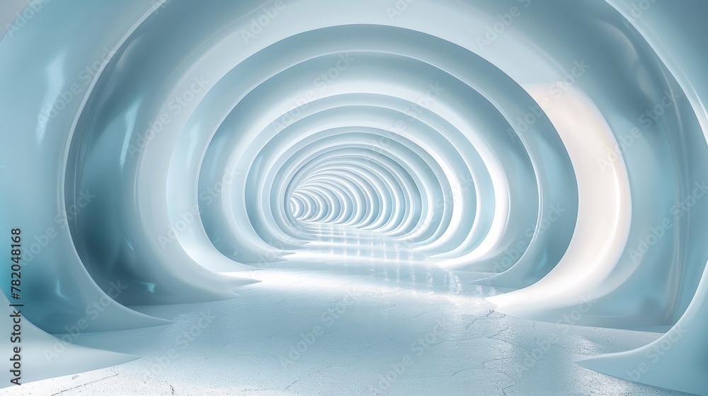 A tunnel of white and blue shapes with a light at the end, AI A tunnel of white and blue shapes with a light at the end, AI
