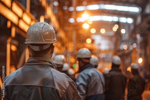 back view of male workers in factory