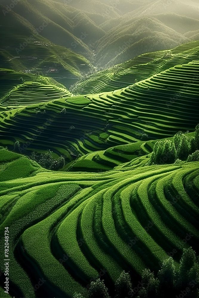 a verdant terraced hill under sunlight, showcasing nature's beauty and agricultural ingenuity