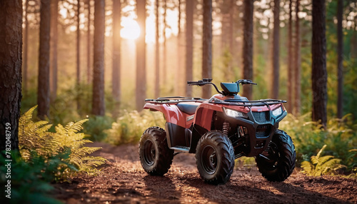 The image shows an ATV in a wooded area.