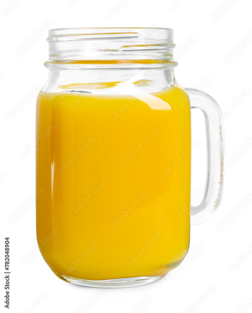 Refreshing orange juice in mason jar isolated on white Refreshing orange juice in mason jar isolated on white