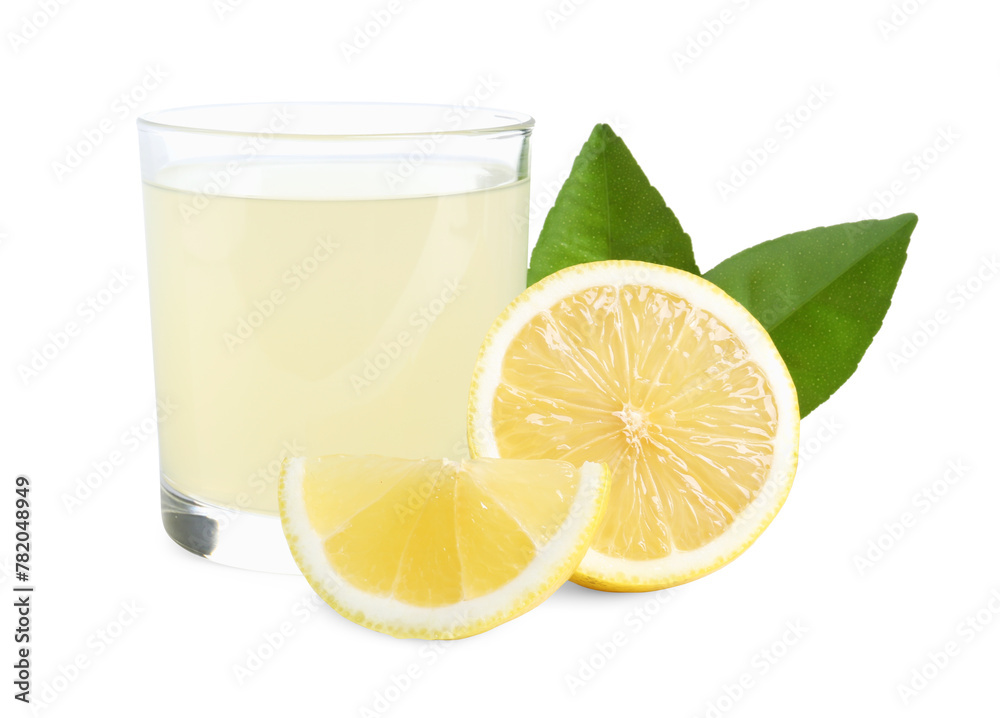 Refreshing lemon juice in glass, leaves and fruit isolated on white Refreshing lemon juice in glass, leaves and fruit isolated on white