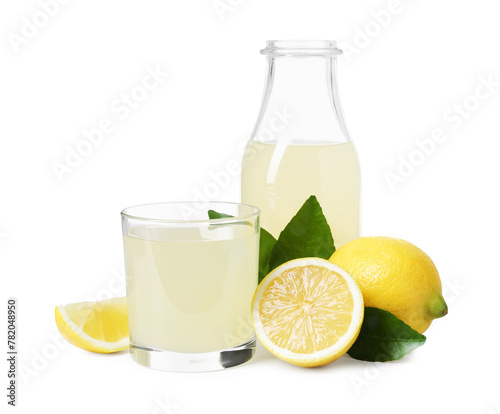 Refreshing lemon juice, leaves and fruits isolated on white