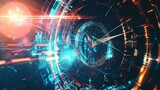 The concept of time through the use of clock motifs and futuristic time travel technology abstract background