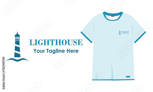 Lighthouse logo design template with t shirt design. Vector illustration.