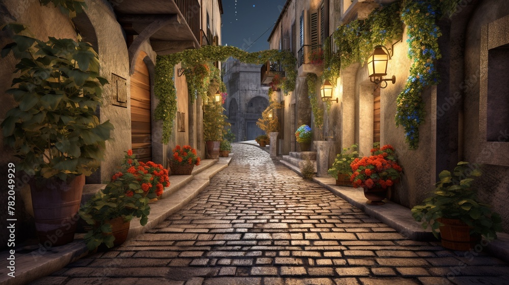 Digital panorama quaint cobblestone alley, flowers on balconies  GROUND weathered stones  TIME early evening  LIGHTING warm, inviting lamplight  ,3DCG,high resulution,clean sharp focus