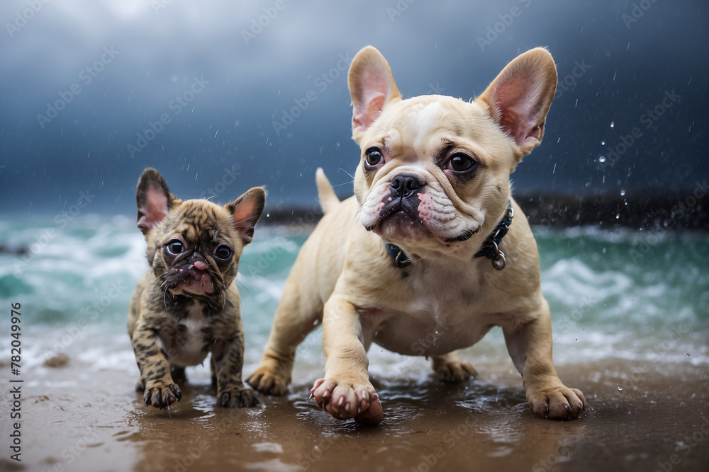 A French bulldog and a kitten walk in the rain on the ocean shore